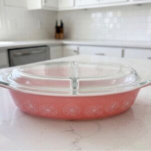 Vtg PYREX Pink Daisy Divided Oval Casserole Serving Baking MCM Dish w Lid